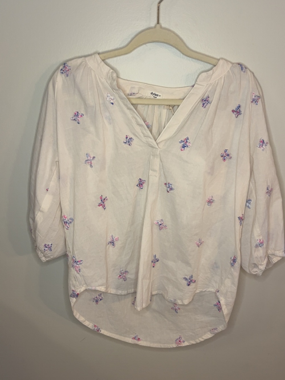 dylan White V-Neck Tunic with Pink & Purple Floral Embroidery